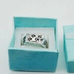Paw Print Pet Collar Ring sz 7 Silver Tone NIB